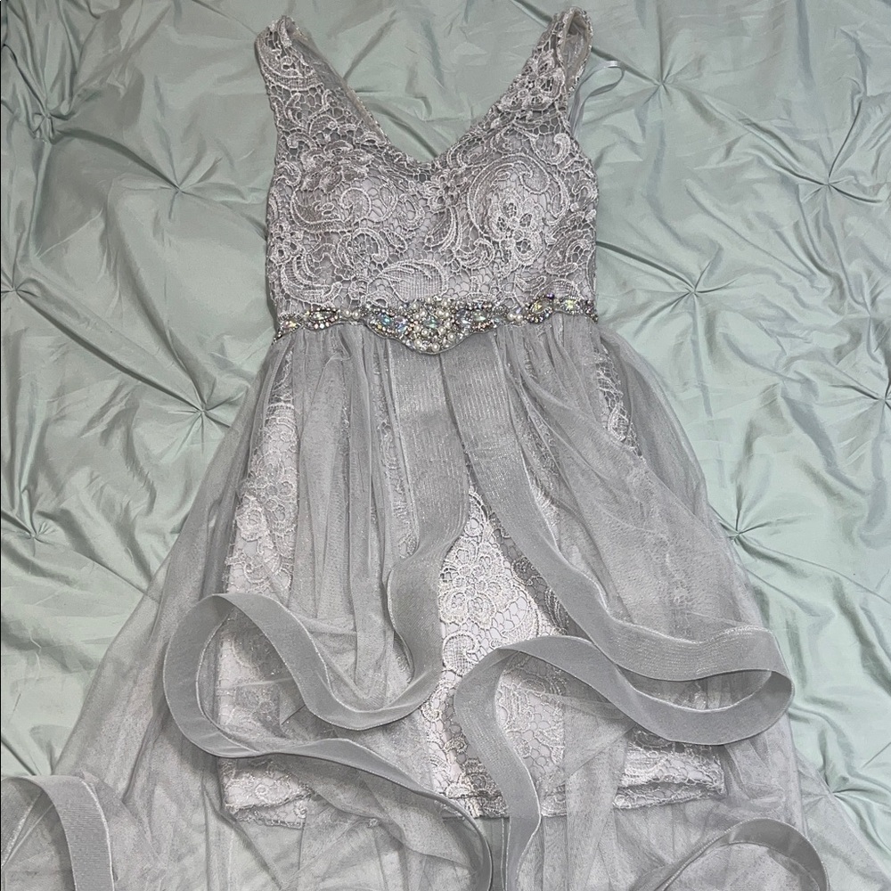 Chic Silver Embellished Lace Dress